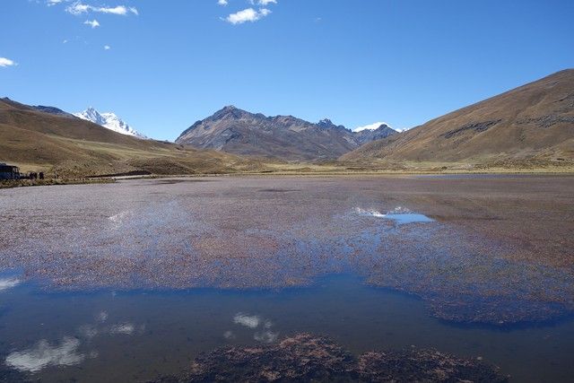 Perou-Huaraz: Sur la route en direction du Glacier Pastouri avec la couleur du Lac de rouge.
