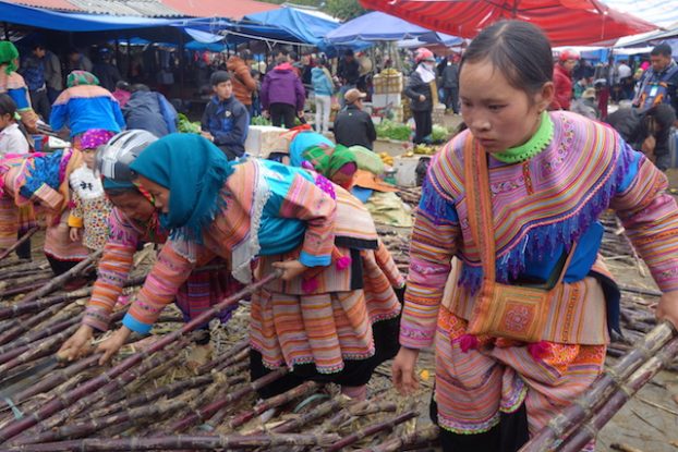 Achat de balai sur le marché de Bac Ha. Les acheteuses descendent des montagnes pour faire les achats